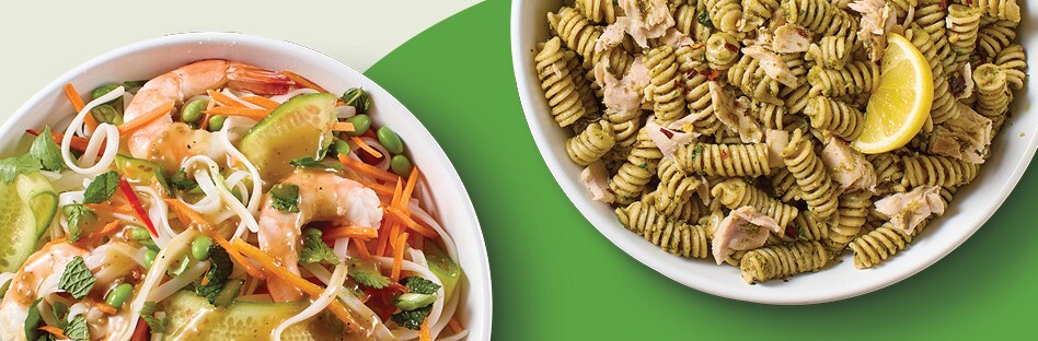 Two bowls of simple dinner ideas: Shrimp and Veggie Noodle Salad and Tuna Pesto Pasta.