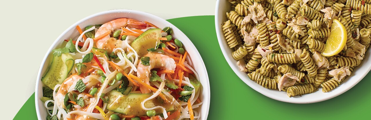 Two bowls of simple dinner ideas: Shrimp and Veggie Noodle Salad and Tuna Pesto Pasta.