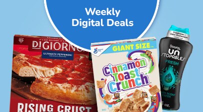 Shop weekly digital deals, featuring Digorno pizza, Cinnamon Toast Crunch cereal, and Downy Stopables softner.