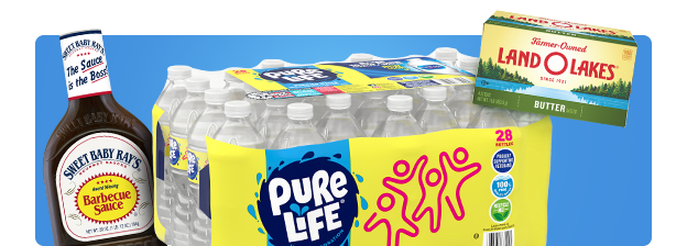 Sweet Baby Ray’s barbecue sauce, Land O’ Lakes salted butter and Pure Life water bottles 24 pack