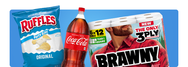 Party Size Ruffles potato chips, Coca Cola two-liter bottle and Brawny 3-ply paper towels