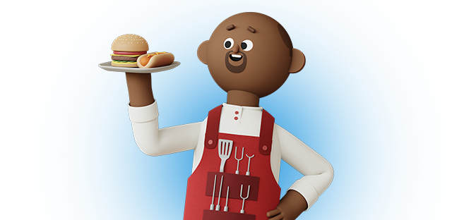 Kroji character smiling while holding a plate with a hamburger and hot dog. Kroji character smiling while holding a plate with a hamburger and hot dog.