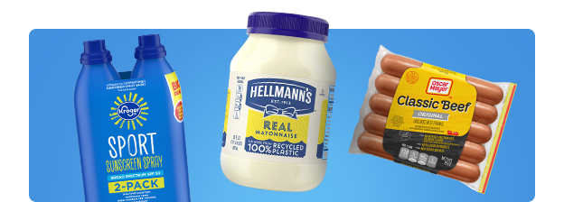 Kroger brand sunscreen next to hot dogs and mayonnaise.