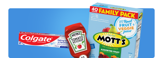 Colgate baking soda toothpaste, Heinz ketchup, and Motz Family Pack apple sauce..