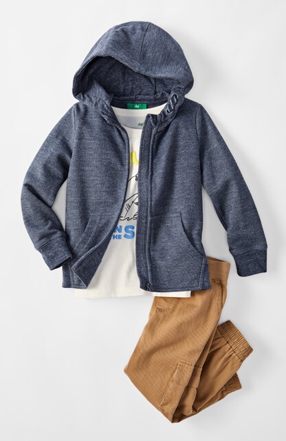 striped sleeve hoodie, graphic tee, joggers