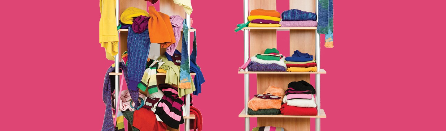 one clothing shelf that is cluttered and one clothing shelf that is clean and organized