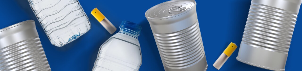 Water bottles, food cans, batteries