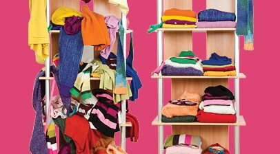 one clothing shelf that is cluttered and one clothing shelf that is clean and organized