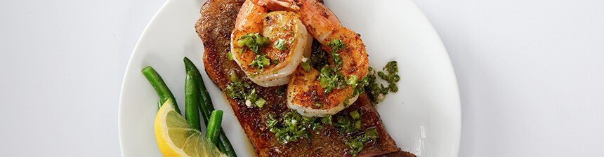 Seared Strip Steaks and Shrimp with Chimichurri Recipe